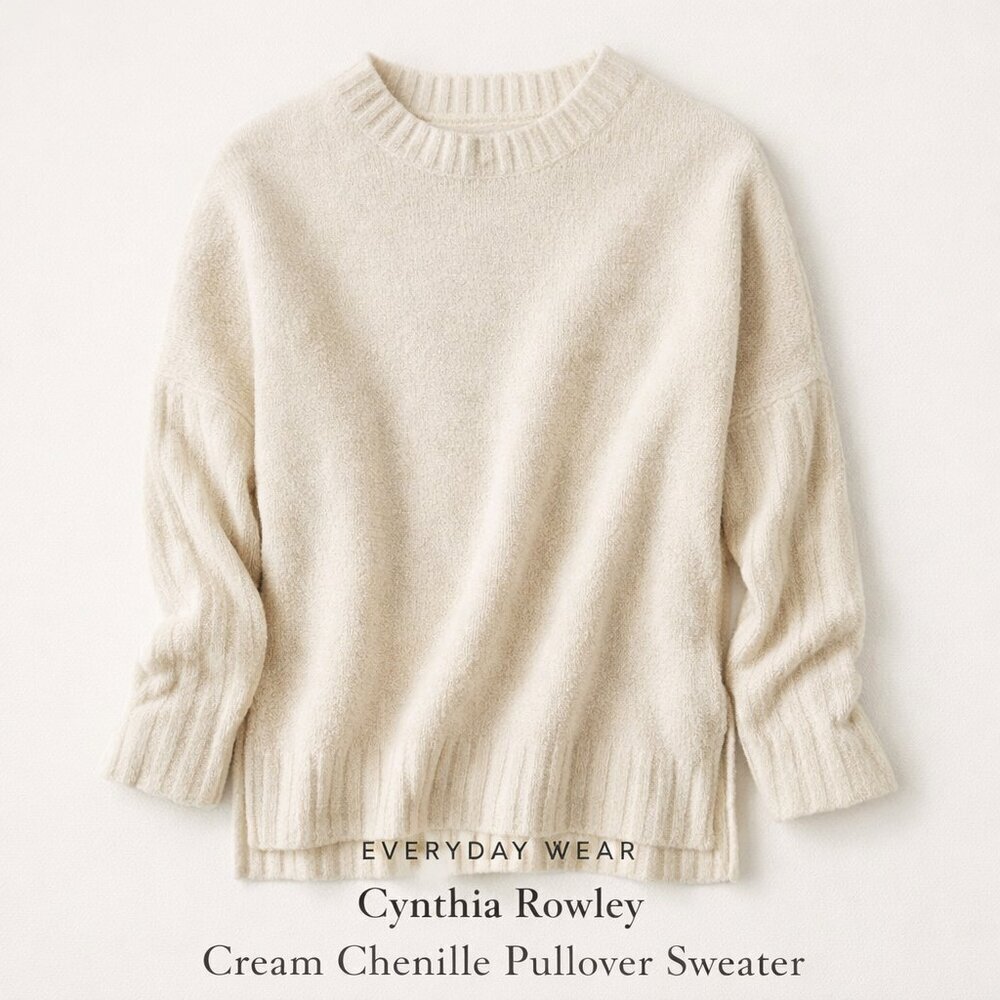 Cynthia Rowley Cream Chenille Sweater Pullover Ribbed High Low Hem Cozy Size M